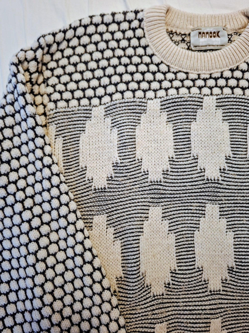 Vintage Cream and Navy Geometric Crewneck Sweater